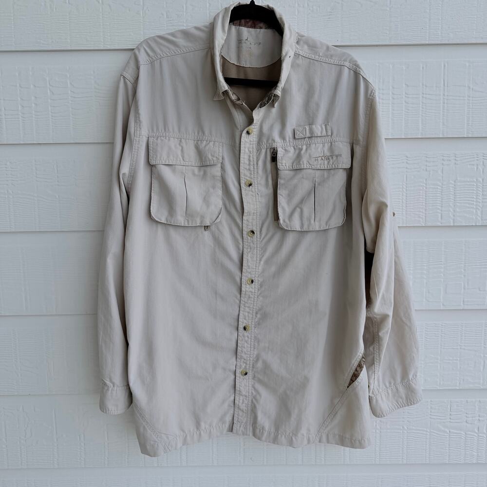 Habit XL Vented Fishing Shirt Tan Camo Roll Tab Utility